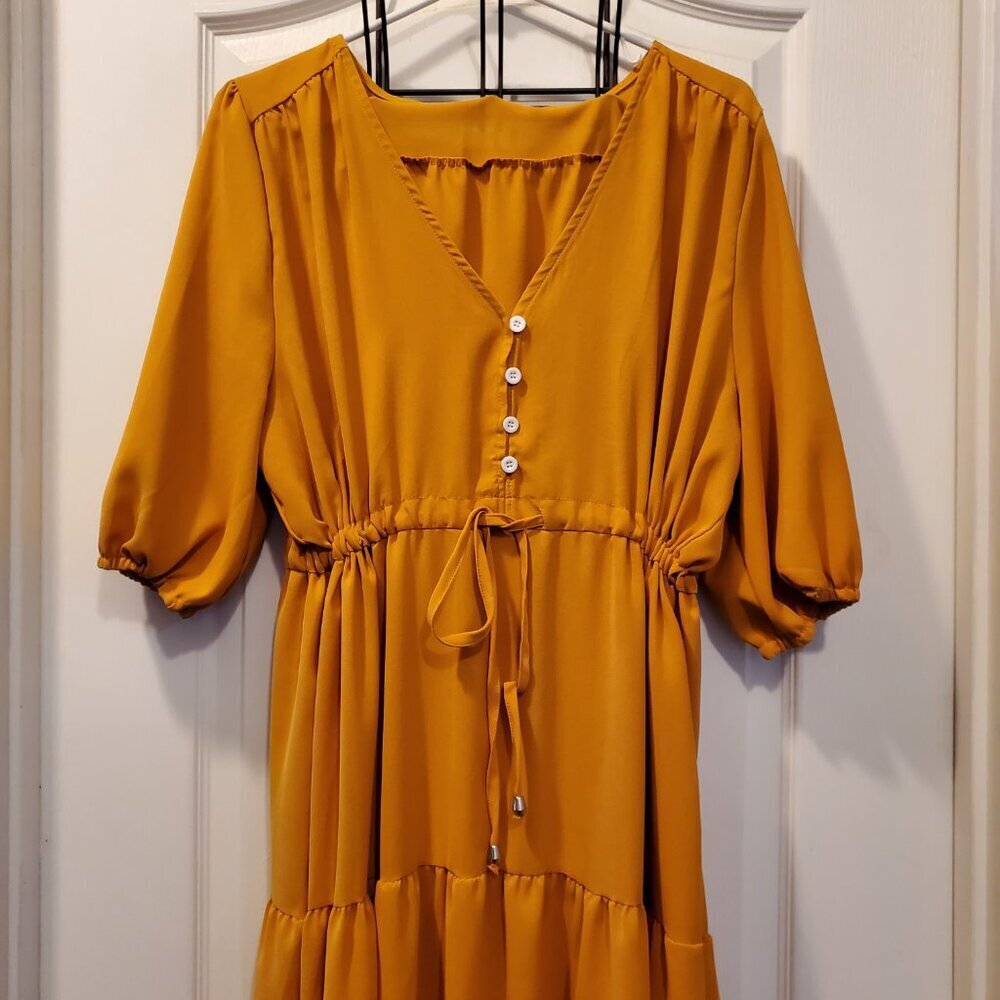 NWOT Boho Chic Mustard yellow-orange Smocked Waist Flowy Dress Puff Sleeves M/L - Picture 2 of 8